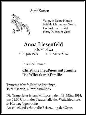 Traueranzeige von Anna Liesenfeld von Medienhaus Bauer